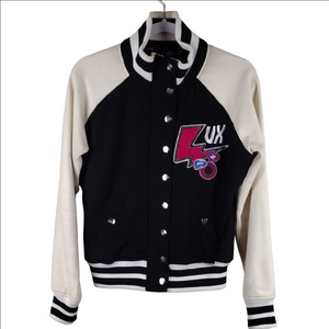 Luxirie Black Cream Wool Blend Long Sleeve Zipper Snap Front Varsity Jacket